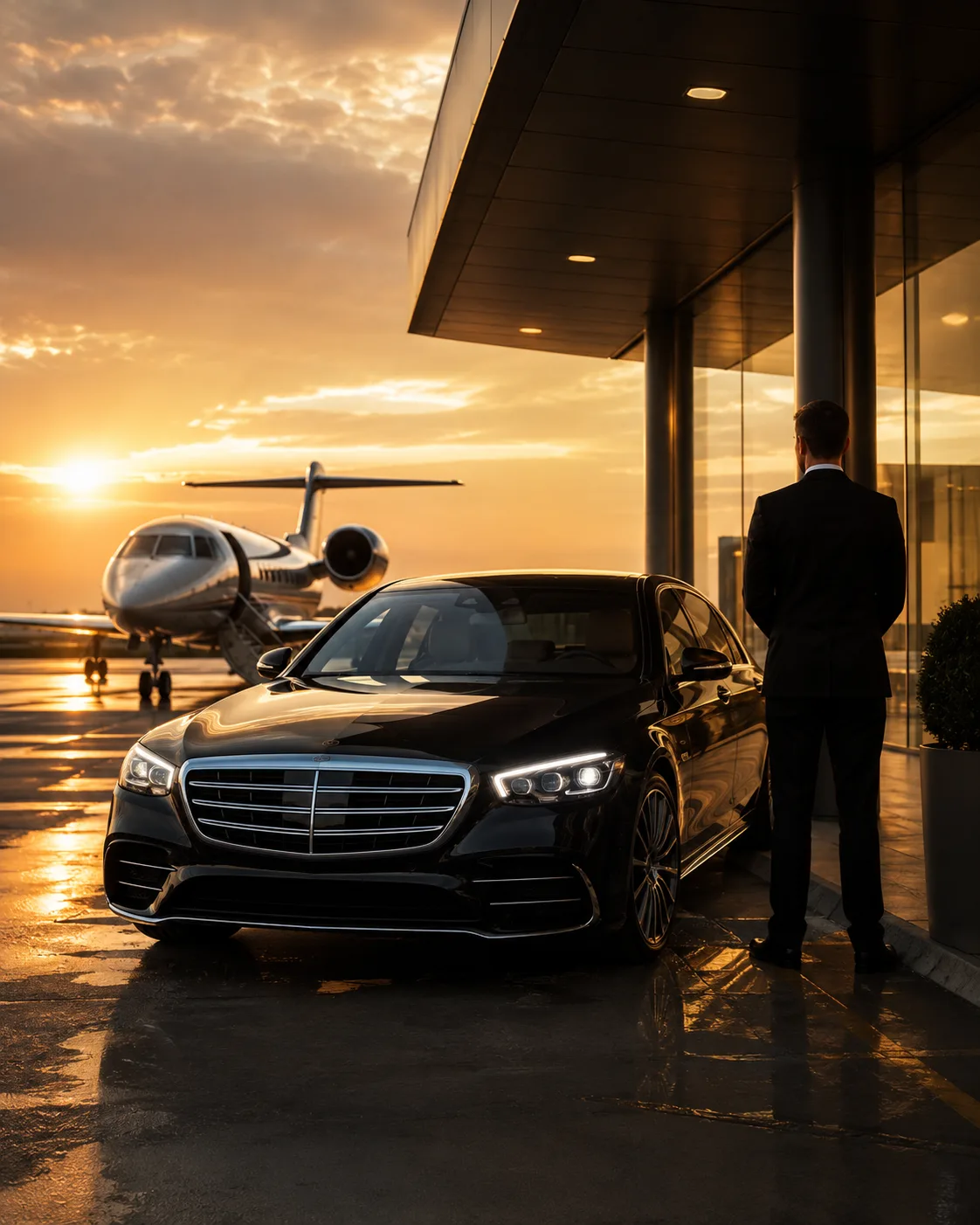 Private jet on a runway at sunset