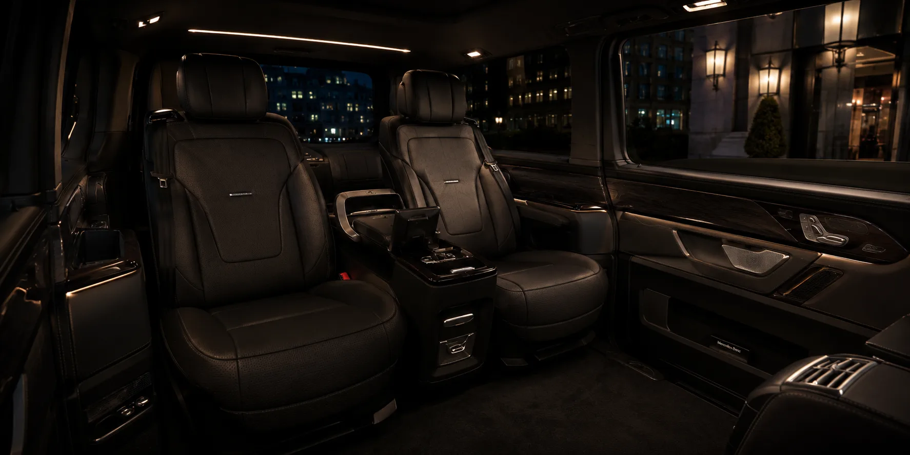 Luxury rear executive cabin of a Mercedes chauffeur car