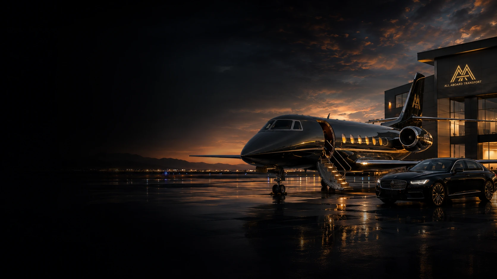 AAT private aviation, branded jet at sunset